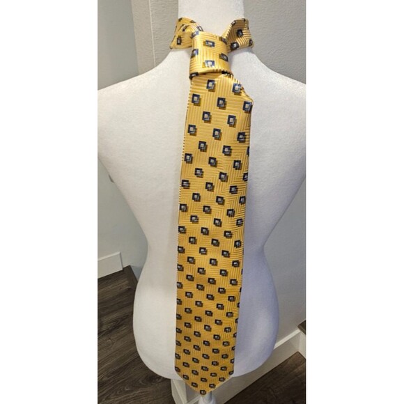 Ermenegildo Zegna 100% Silk Tie Yellow Tie with Blue Squares White Dots - Picture 1 of 7